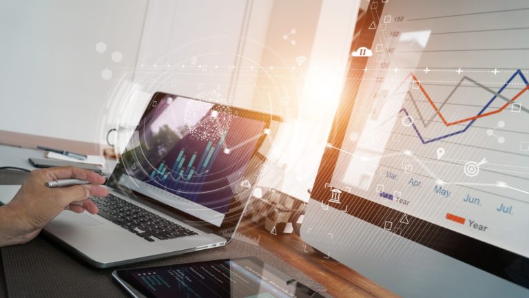 Business report and sales data with graph economic growth on computer screen network