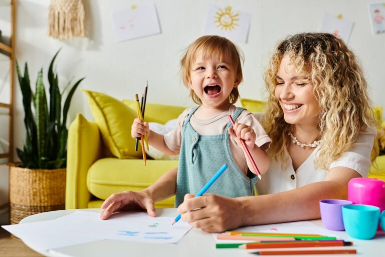 nanny and young child playing at home, concept of childcare