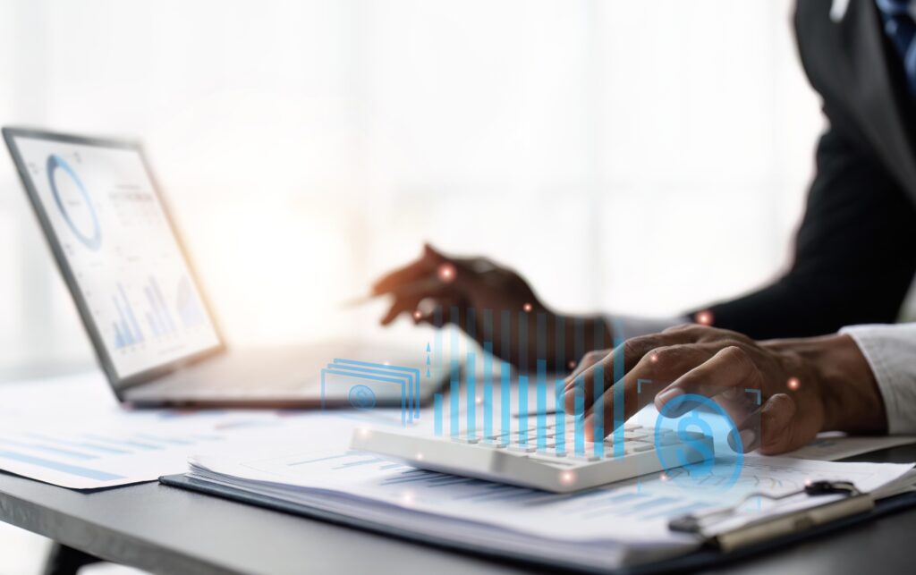 Businessman calculating the financial statement, payroll records, concept of payroll management