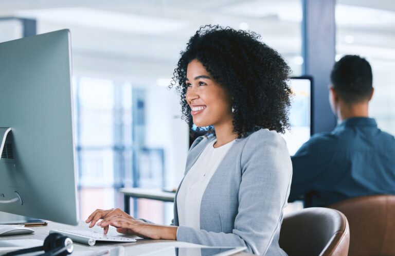 agent talking on a headset while working in the office