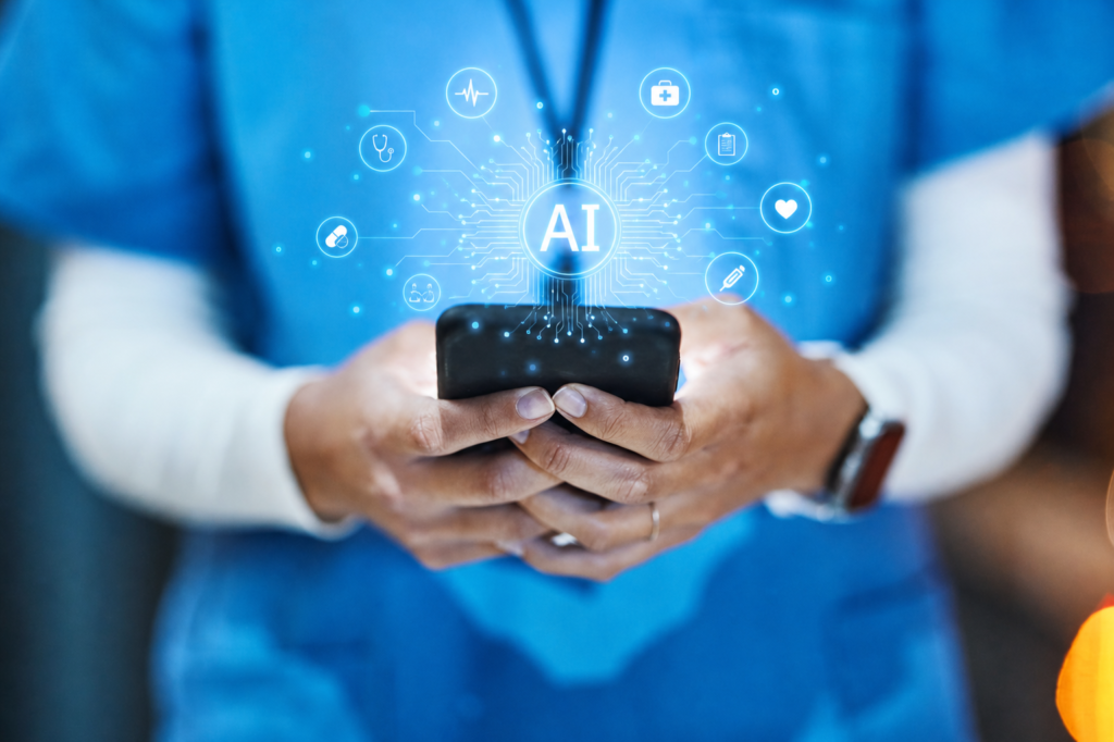 caregiver holding mobile phone with AI overlay design
