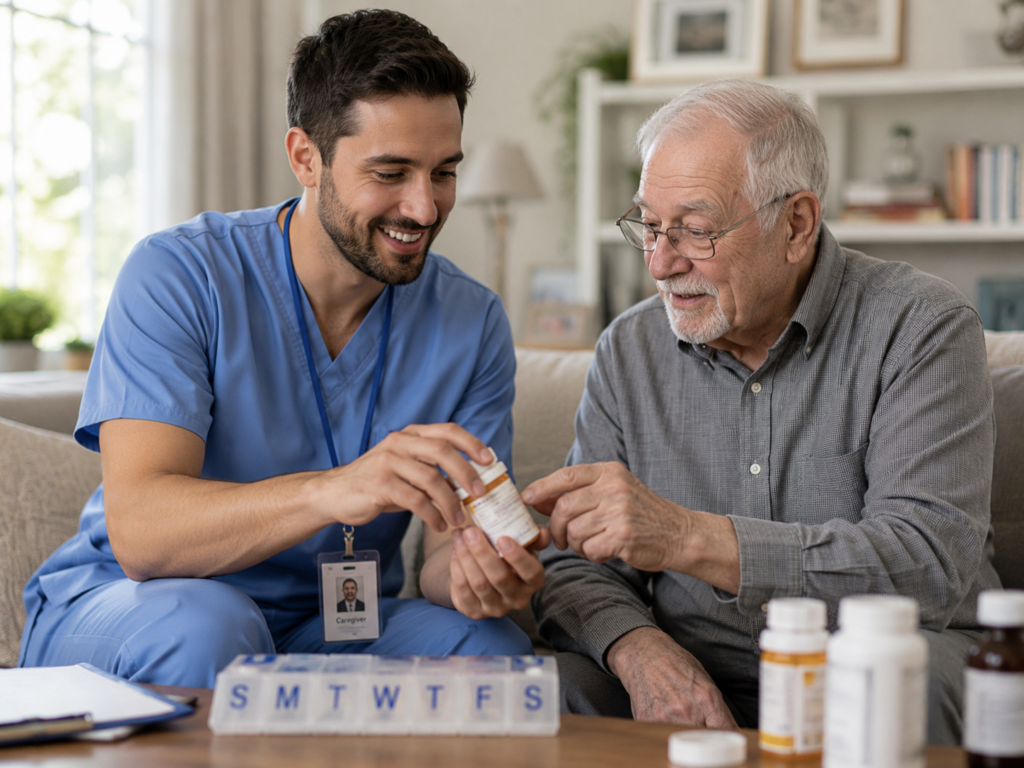 Caregiver assisting elderly man with medication
