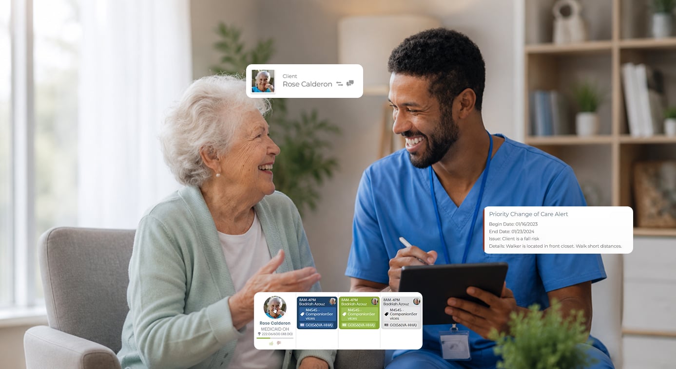 Caregiver using senior living software during a resident care visit