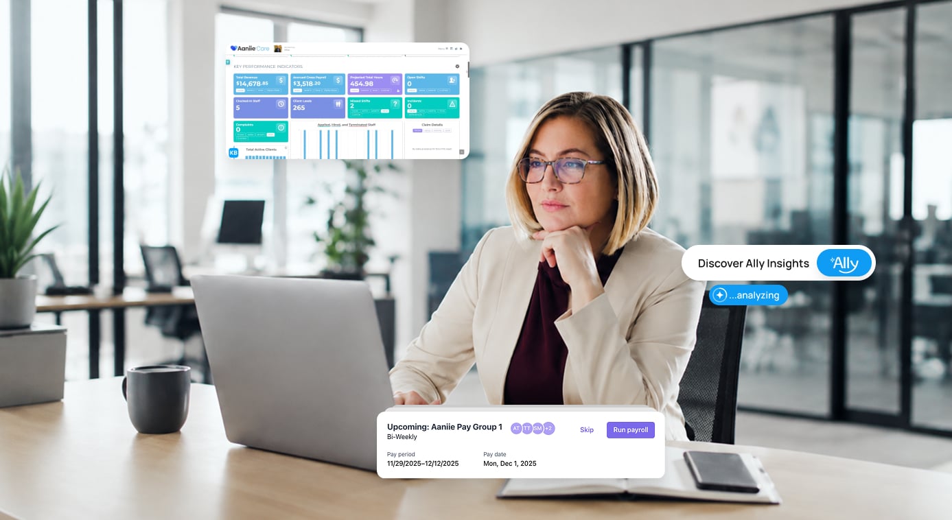 Aaniie home care franchise manager reviewing enterprise KPI dashboards on a laptop