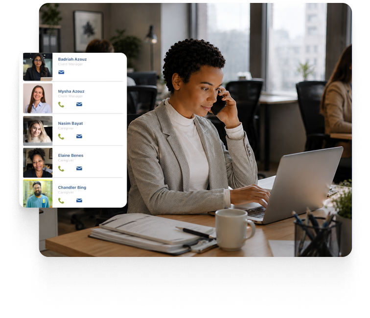 Aaniie home care franchise manager coordinating client and caregiver communication with a digital contact directory