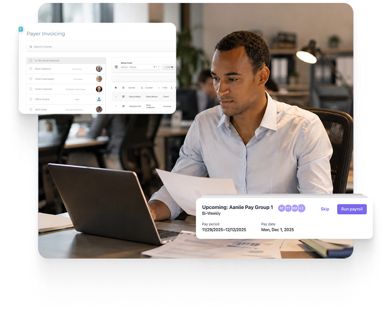 Aaniie home care franchise manager reviewing billing and invoicing dashboard for improved accuracy