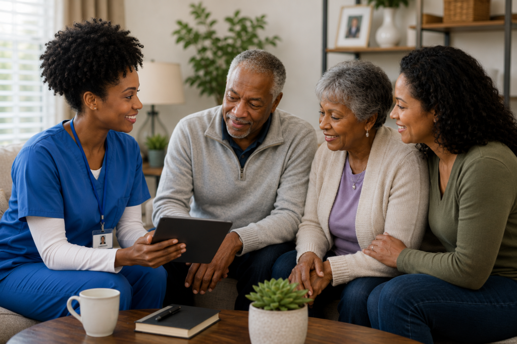 caregiver woman holding a tablet device while happily speaking to a senior couple and their adult daughter.