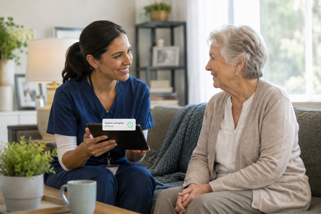 female caregiver visiting an elderly woman, the caregiver is holding a tablet with time-tracking system