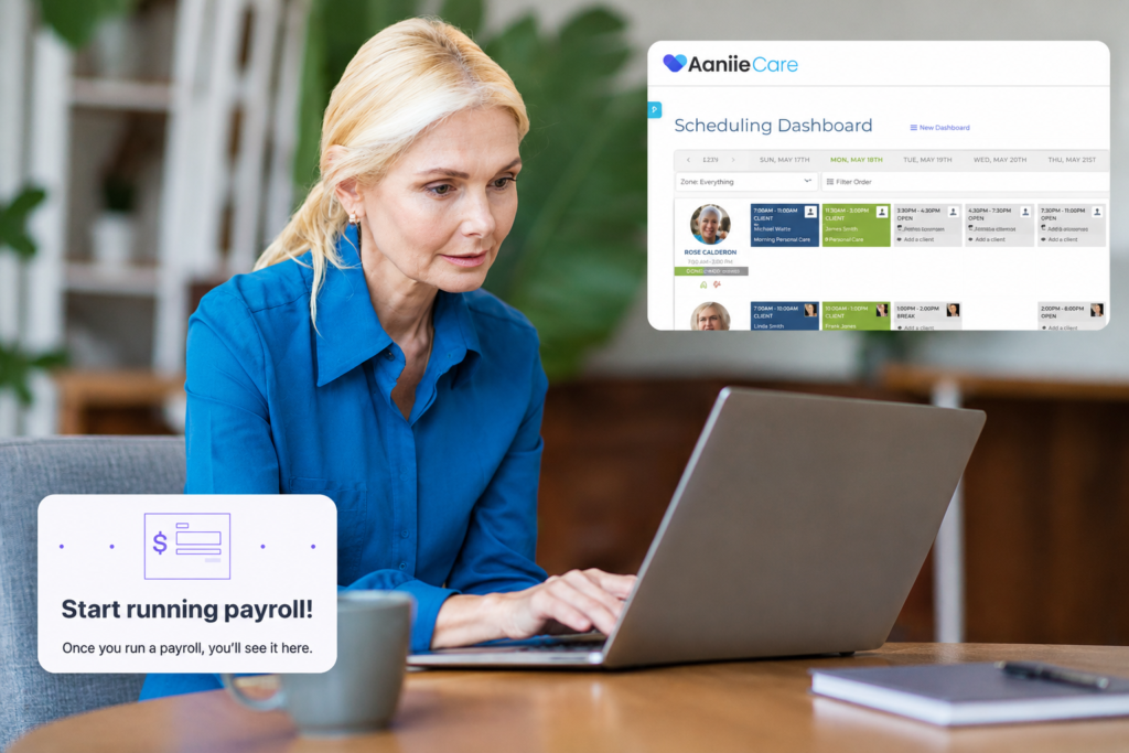 female employee using computer, processing payroll concept