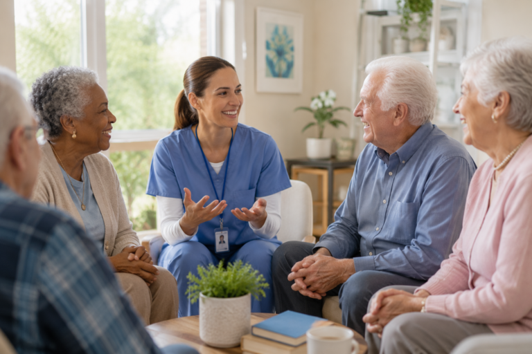 group of elderly seniors listening to a caregiver, concept of senior home care