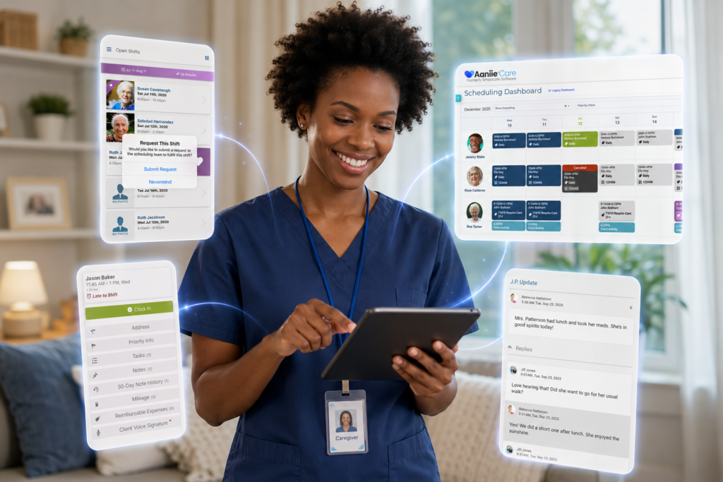 image of a caregiver using a tablet device with the mockups as hovering around the device, concept of an all-around system or software in the device