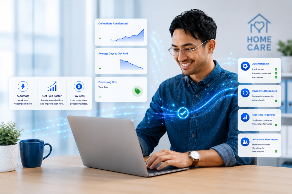image of a male employee using a laptop with image overlay of payment processing system