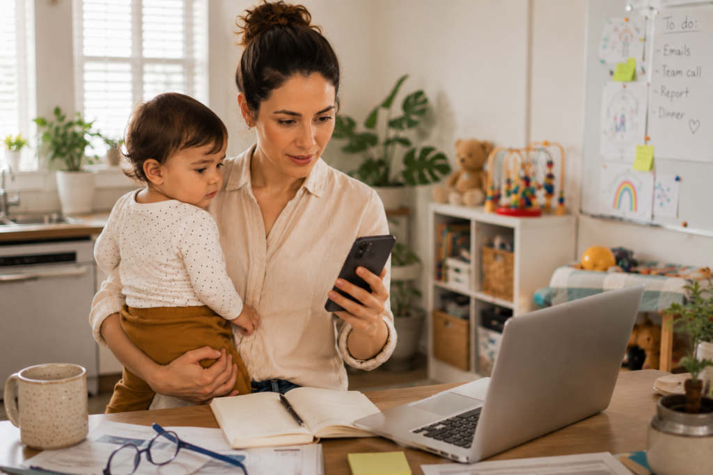 image of a working mother at home holding her child while using a mobile phone, concept of mobile app for Aaniie Kids
