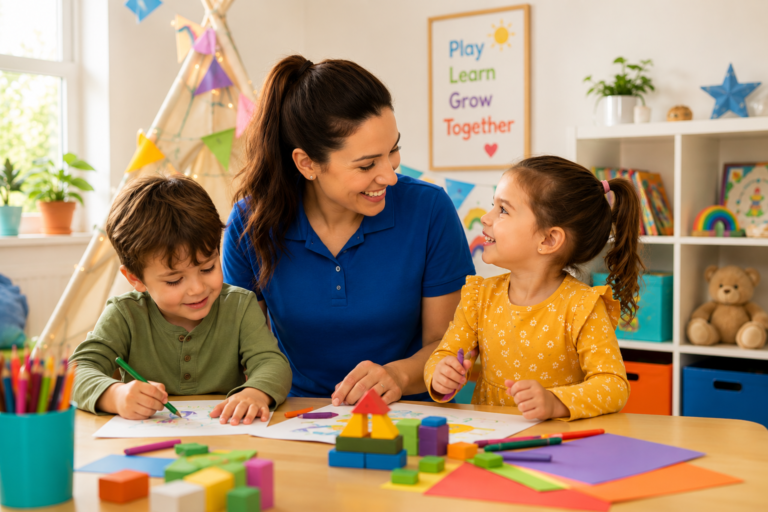 image of smiling children happily doing home activities with nanny, concept of childcare
