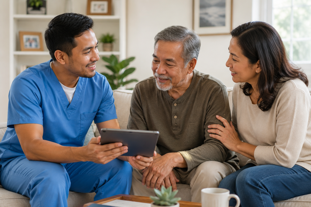 male caregiver interacting with a senior male and a family member in a home setting