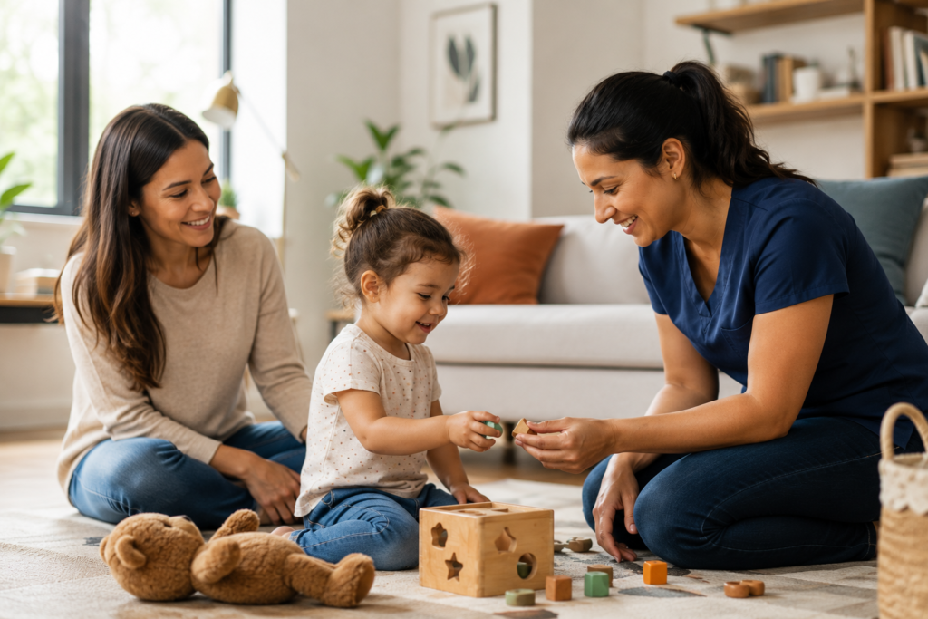 natural home scene featuring a happy nanny engaging with a young child while the child’s mother looks on nearby