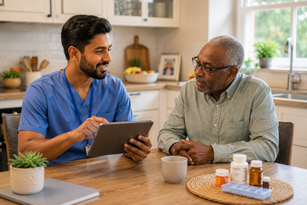 image of a caregiver assisting a senior at home in a kitchen setting