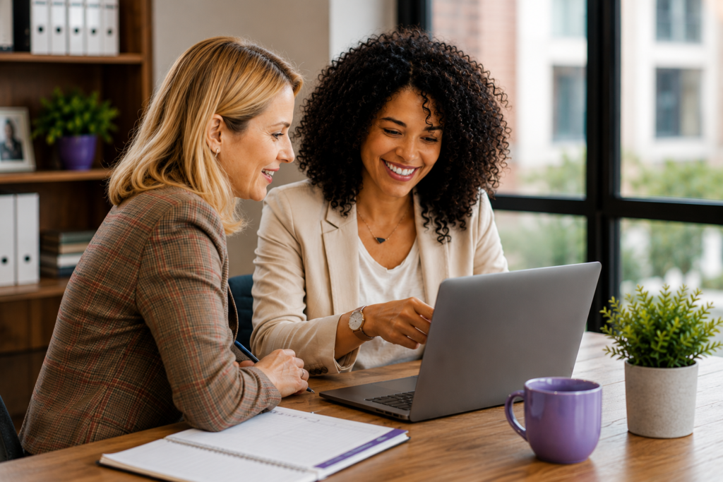 two women interacting with each other, looking at a laptop. Concept of reviewing KPIs
