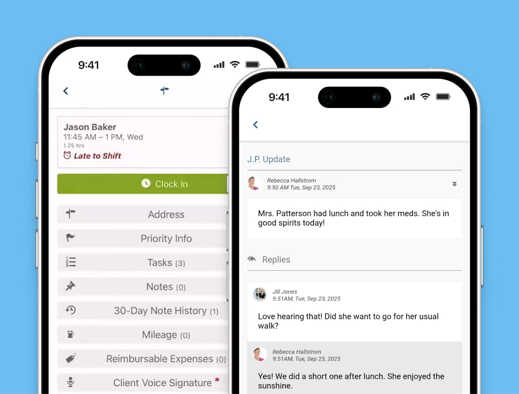 Aaniie caregiver mobile app showing shift details, clock-in, care tasks, notes, and caregiver updates for client care