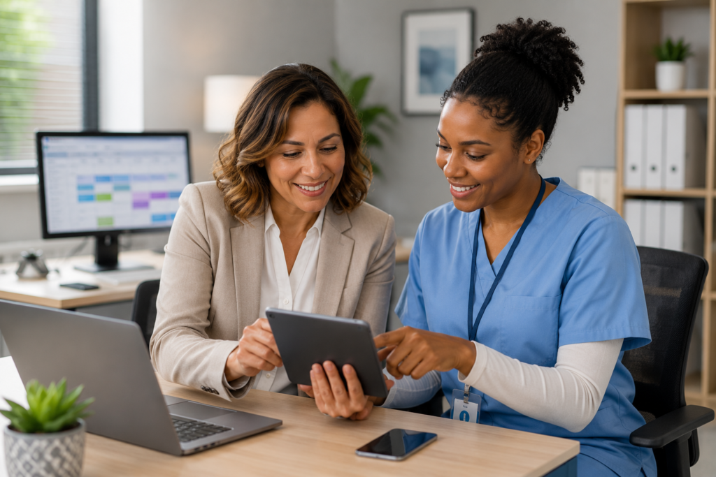 Admin staff and caregiver reviewing information on tablet and mobile devices in an office setting