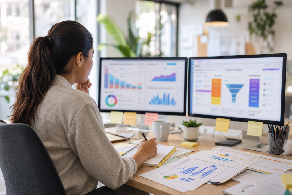 home care employee analyzing data dashboards and graphs on a computer to evaluate and measure referral sources before expanding the referral network