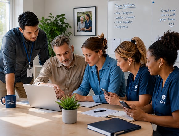 Senior living team reviewing reports and dashboards to streamline community workflows
