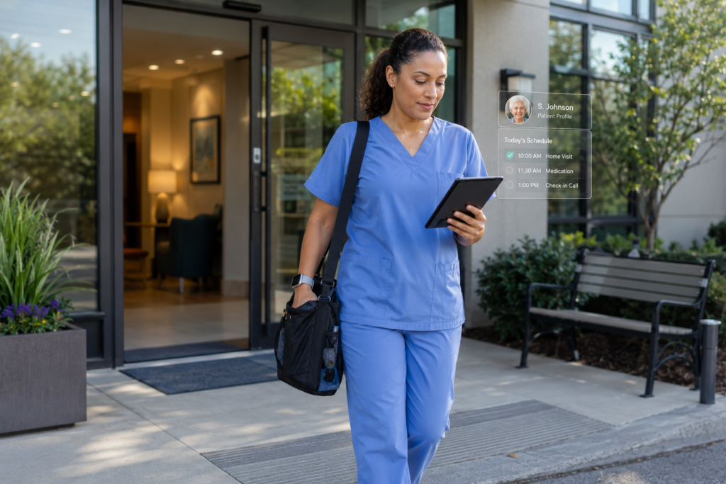Caregiver leaving a senior living facility, checking a tablet while carrying a bag, with a small overlay indicating a scheduled home visit for an elderly patient.