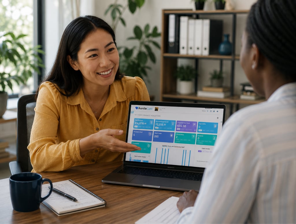 A home care professional showing a client Aaniie Care’s dashboard and performance metrics on a laptop during a consultation