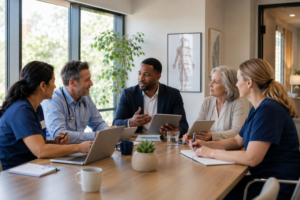 Diverse team of healthcare professionals gathered around a table discussing referral strategies and collaboration to support client care