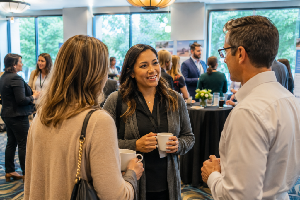 home care employee speaking or networking at an office event, engaging in conversations with multiple professionals to build diverse referral relationships across the care ecosystem