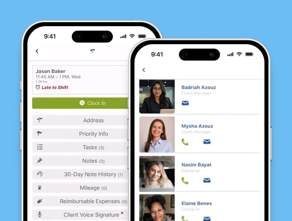 Aaniie mobile app showing employee contacts and scheduling information