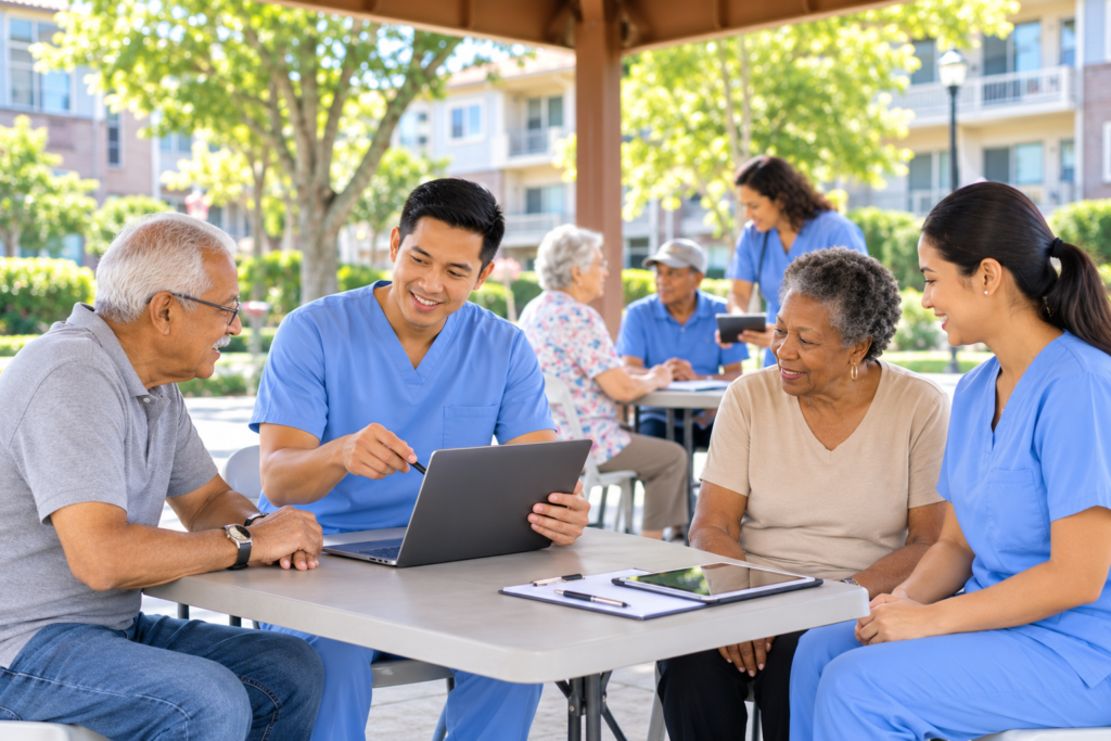 a group of caregivers and healthcare workers are conducting routine wellness checks for seniors