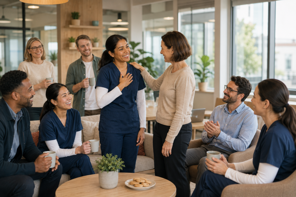 caregivers during a recognition meeting, concept of feeling seen, appreciated, and rewarded