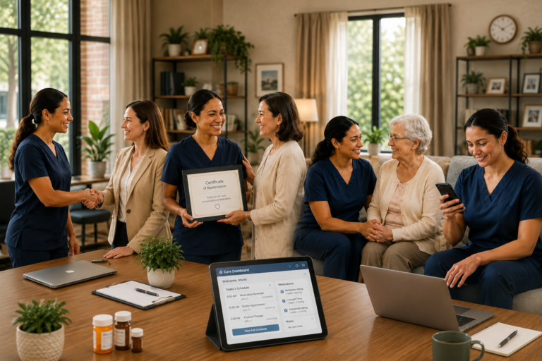 collage illustrating caregivers in various stages of employment and engagement