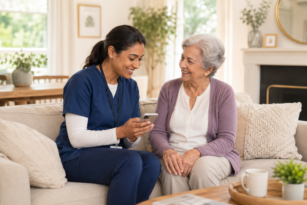 female caregiver during a home visit with a senior female client