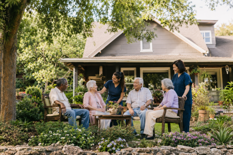 Diverse group of seniors sitting together in a garden outside a residential home, attended by two caregivers, enjoying a relaxed and supportive moment that reflects community-based senior care in a home setting