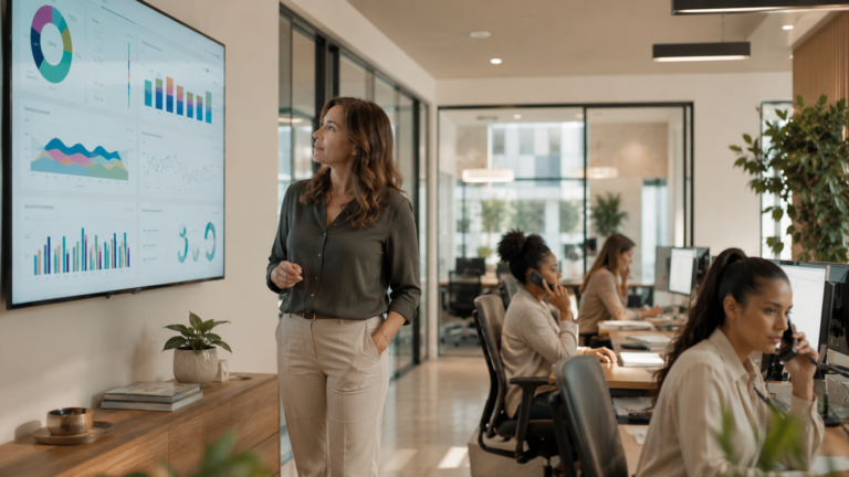 home care professional standing, looking at a glass wall or digital screen displaying a network map