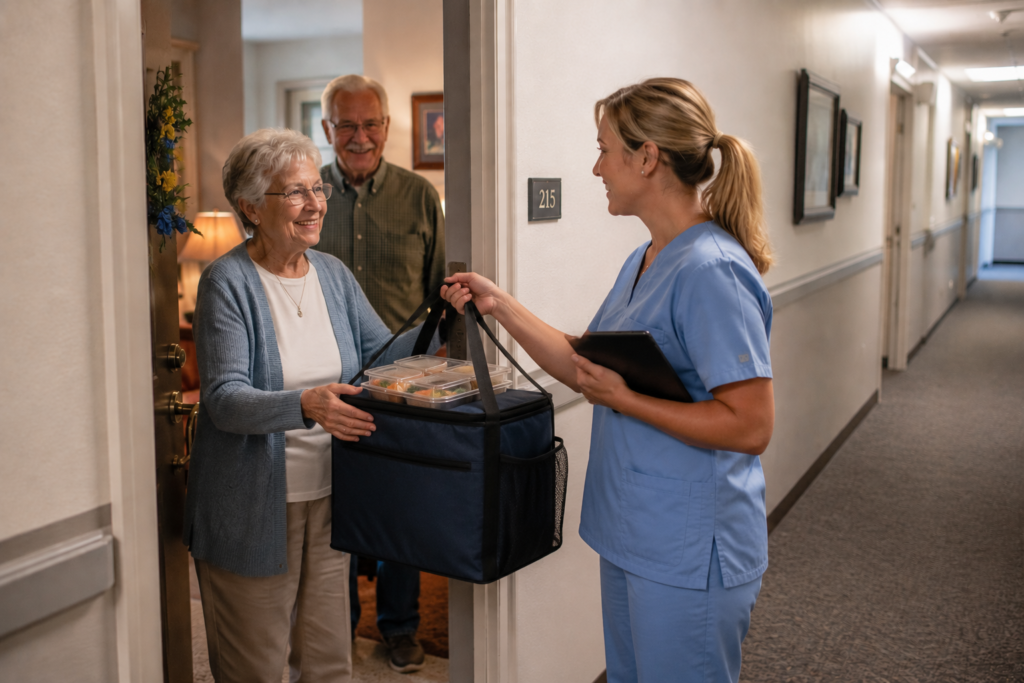 residential apartment hallway scene showing a caregiver delivering a meal to a senior, concept of meal deliveries