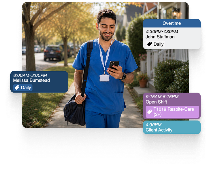Senior living caregiver using a mobile app to manage schedules and resident visits