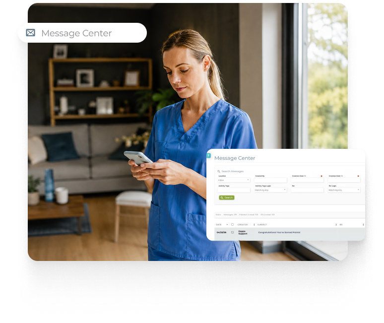 Caregiver using a mobile app to access resident information during a senior living visit