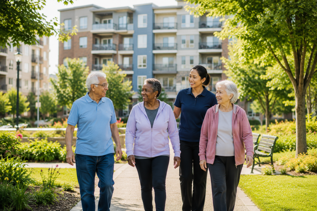seniors actively engaging together, concept of community, independence, social connection