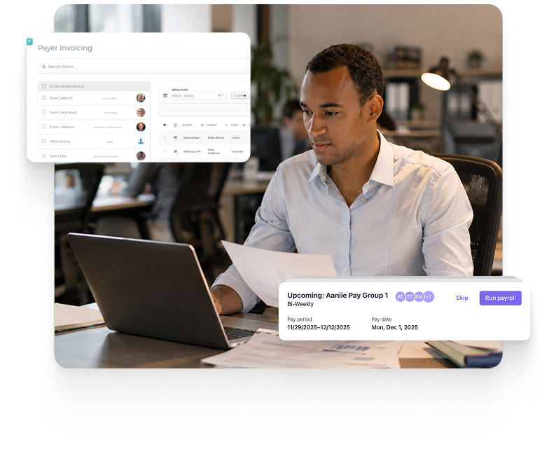 Home care administrator using Aaniie Payroll on a laptop, with payer invoicing and upcoming payroll processing features displayed - Unified Billing, Payments, & Revenue Management