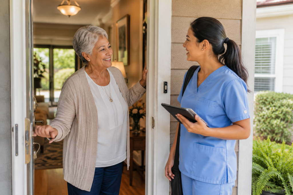 warm, welcoming residential home setting where a professional caregiver is arriving at the front door