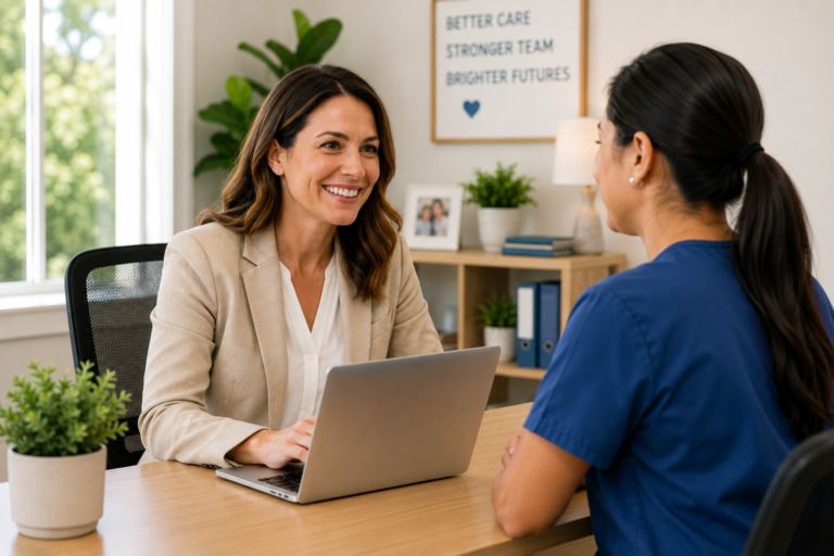 Home care agency administrator interviewing a caregiver in blue scrubs using a laptop in a modern office.