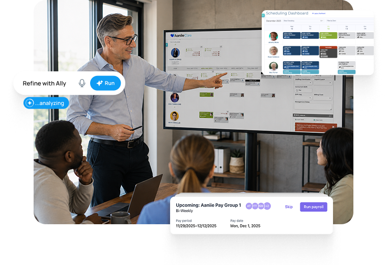 Home care agency manager presenting the Aaniie Care dashboard on a screen to staff, demonstrating workflow management, scheduling, and real-time operational insights