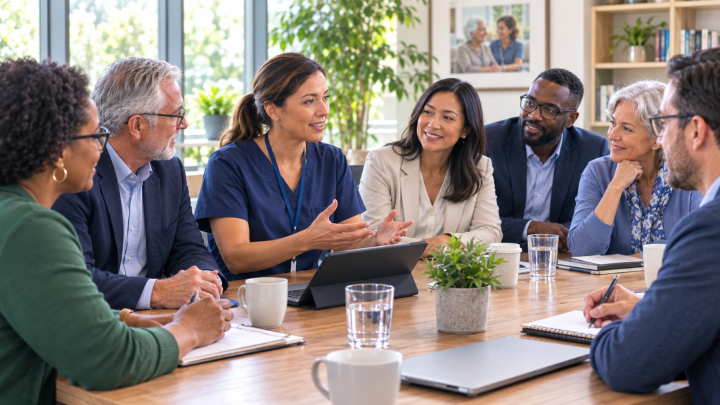 a diverse group of professionals from the senior-care ecosystem gathered around a table during a collaborative networking meeting