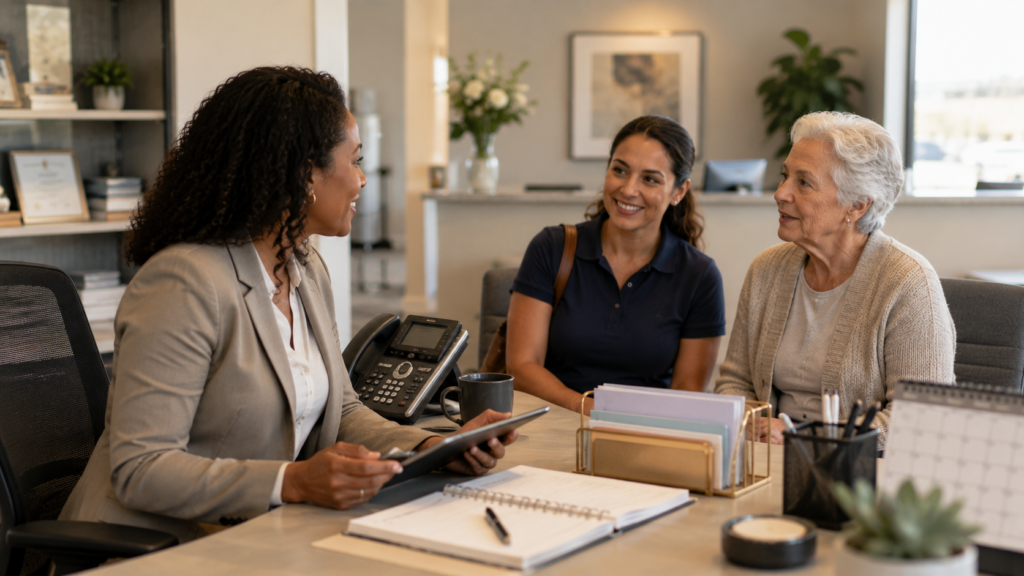A care provider meets with an older adult and another caregiver in an office, using a tablet to discuss care and services