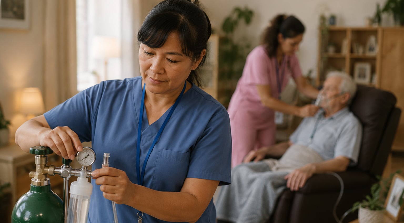 Skilled care clinician preparing medical equipment during an in-home care visit