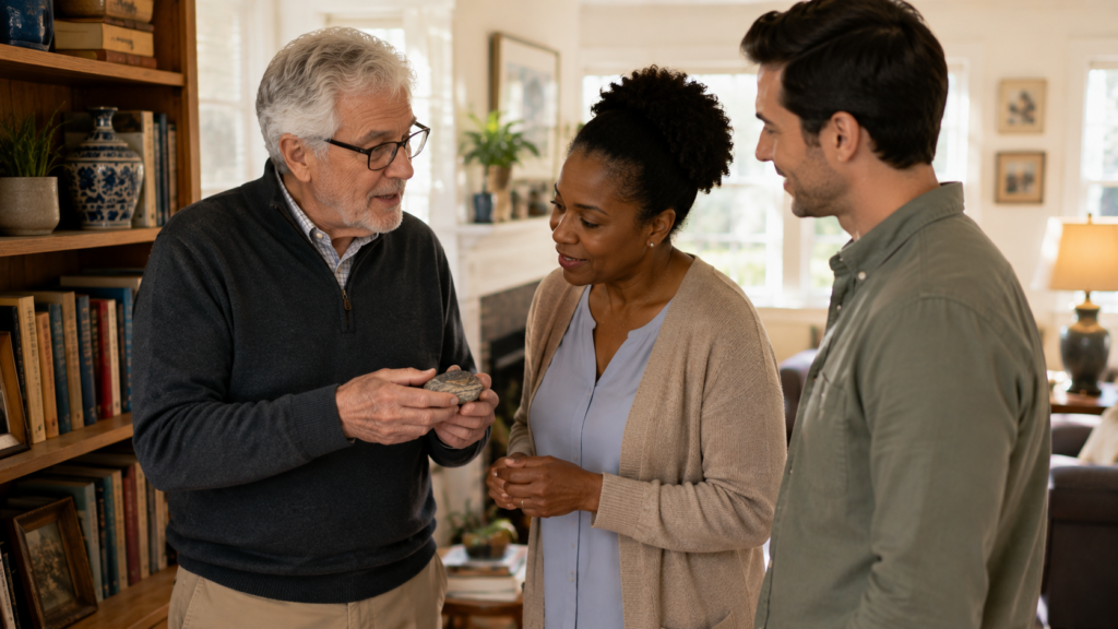 Older man discussing care needs with two home care professionals in a welcoming home setting, illustrating personalized care and finding the right caregiver match