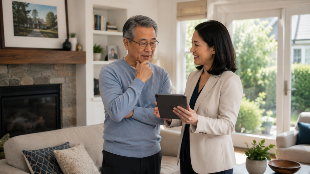 senior Asian homeowner standing with a home care adviser inside their well-maintained family home, having a thoughtful conversation